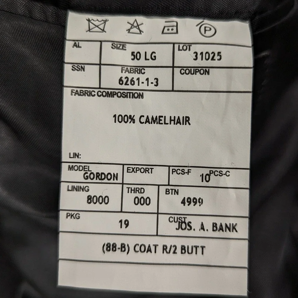 Jos A Bank Gordon Black 100% Camel Hair Sport Coat Blazer Mens 50L 2 Button